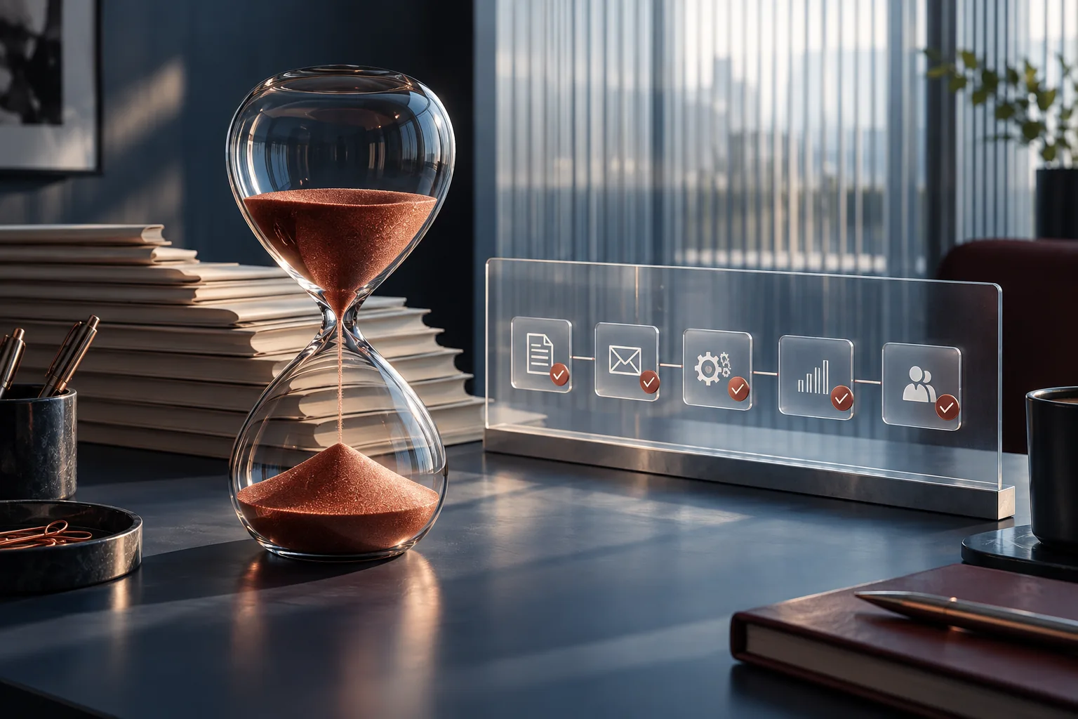 Glass hourglass beside organized paperwork and an automated workflow display